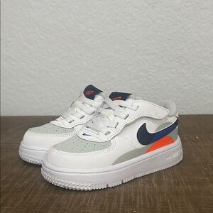NEW Nike Kids White Sneakers with Navy Swoosh and Orange Accent